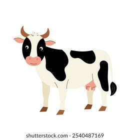 Cow. Farm animal. Flat illustration of dairy spotted cow on white background.