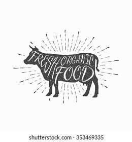 Cow. Farm animal icon, butchery concept isolated on white. Beef meat symbol, hand-drawing vintage silhouette. Premium beef label with grunge texture. Vector illustration for your design and business.