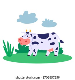 Cow farm animal. Milk and dairy production. Domestic cute mammal. Isolated illustration in cartoon style