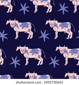 Cow farm animals seamless pattern. Big collection with cow, sheep, turkey, rabbit, duck, hen, pig. Food for animals. Countryside, agriculture. Cute farm animal isolated on background
