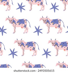 Cow farm animals seamless pattern. Big collection with cow, sheep, turkey, rabbit, duck, hen, pig. Food for animals. Countryside, agriculture. Cute farm animal isolated on background