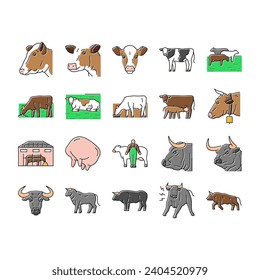 cow farm dairy cattle milk white icons set vector. agriculture nature, livestock grass, beef field, pasture animal, meadow calf, summer cow farm dairy cattle milk white color line illustrations