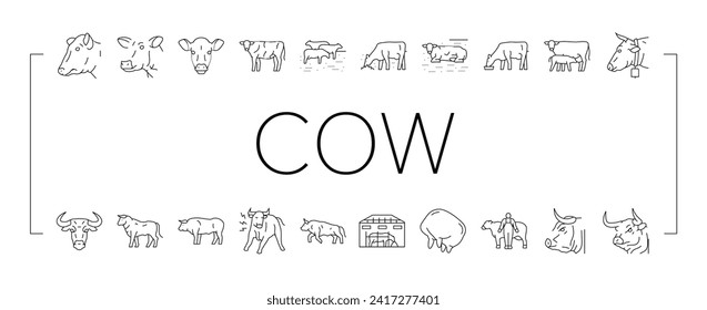 cow farm dairy cattle milk white icons set vector. agriculture nature, livestock grass, beef field, pasture animal, meadow calf, summer cow farm dairy cattle milk white black line illustrations