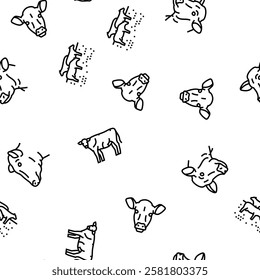 cow farm dairy cattle milk white vector seamless pattern thin line illustration