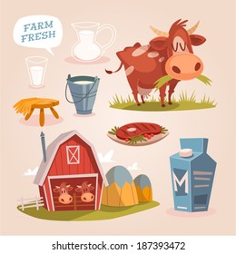 Cow farm. Dairy cattle. Retro style vector elements. 