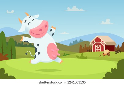 Cow at farm. Field ranch milk animals eating and playing on the grass alpes landscape vector cartoon character background