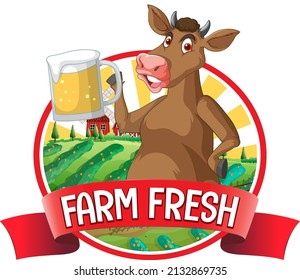 A cow with a Farm fresh label illustration