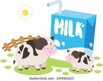 Cow farm fresh milk box package illustration vector