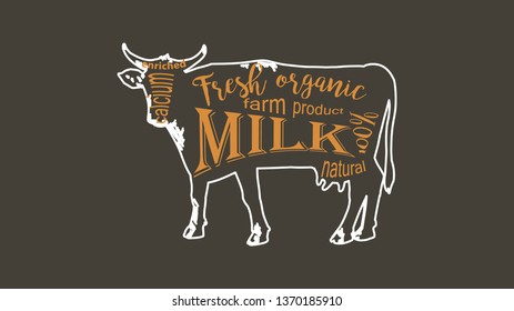 Cow farm in graphic line style, hand drawing vector image