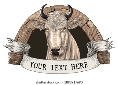 Cow farm logo hand draw vintage engraving style clip art isolated on white background