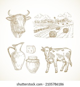 Cow Farm Products and Objects. Cattle, Milk, Cottage Cheese and Rustic Landscape Hand Drawn Vector Illustrations Set. Domestic Animals Sketch Bundle. Doodle Style Drawings Collection. Isolated