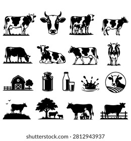 Cow Farm Silhouette Vector Set. Cattle, Dairy Farm, Milk Production, Livestock Agriculture Black Vector Collection