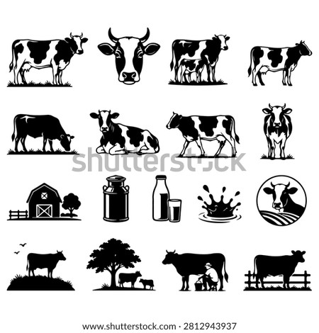 Cow Farm Silhouette Vector Set. Cattle, Dairy Farm, Milk Production, Livestock Agriculture Black Vector Collection