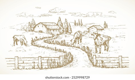 Esboço de fazenda de vacas Rústico Ilustração de paisagem. Vetor desenhado à mão Aldeia Campo Jarda com animais domésticos de gado rabiscar. Desenho de Pastagem de Estilo de Gravação. Isolado