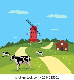 Cow farm and there are many cows and small houses and windmills.
