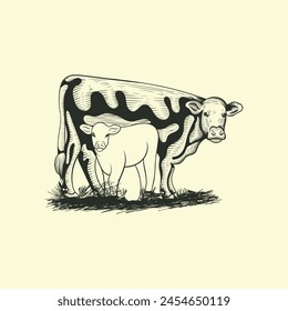 Cow Farm vintage style logo design illustration