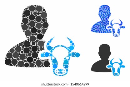 Cow farmer composition of circle elements in variable sizes and color hues, based on cow farmer icon. Vector circle elements are united into blue collage.