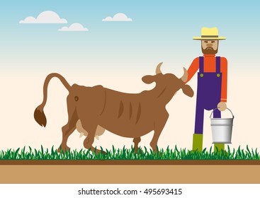 Cow and farmer at green meadow, vector illustration