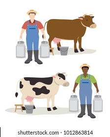 cow and farmer holding big milk container pot