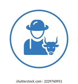 Cow, farmer, man, agriculture, animal icon. Blue color design.