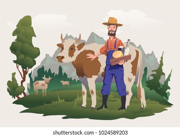 A cow farmer in a meadow, Alpine landscape. Vector isolated illustration for packaging of milk or dairy products.