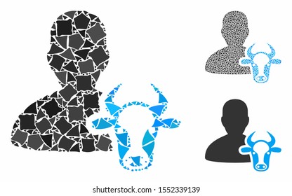 Cow farmer mosaic of unequal items in variable sizes and color tints, based on cow farmer icon. Vector unequal items are grouped into composition. Cow farmer icons collage with dotted pattern.