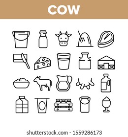 Cow Farming Animal Collection Icons Set Vector Thin Line. Cow Meat Steak And Head, Milk Cup And Bottle, Cheese And Butter With Knife Concept Linear Pictograms. Monochrome Contour Illustrations