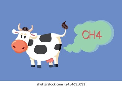 
Cow Farting Producing Methane Gas Vector Cartoon Illustration. Farm animal emitting ch4 gas producing greenhouse effect 
