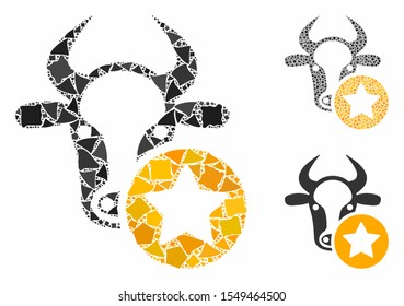 Cow favourites mosaic of abrupt items in different sizes and color hues, based on cow favourites icon. Vector humpy items are united into collage. Cow favourites icons collage with dotted pattern.