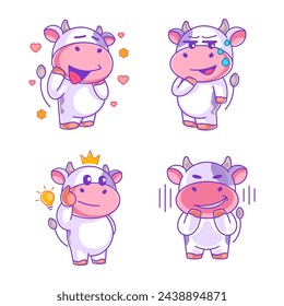 Cow feeling suspicious in cartoon style set