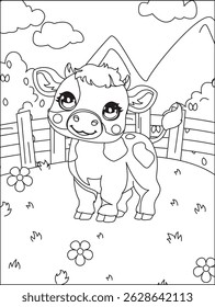 Cow In Field Coloring Page Worksheet Vector
