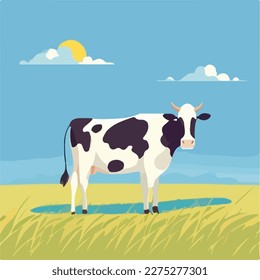 Cow in a field. Domestic or farm yard animals. Flat vector illustration concept
