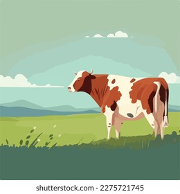 Cow in a field. Domestic or farm yard animals. Flat vector illustration concept