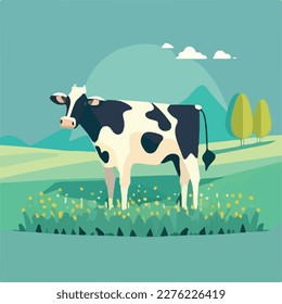 Cow in a field. Domestic or farm yard animals. Flat vector illustration concept