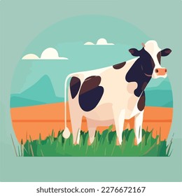 Cow in a field. Domestic or farm yard animals. Flat vector illustration concept