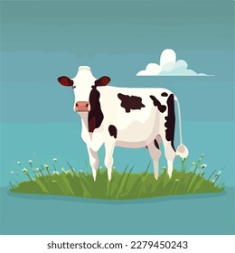 Cow in a field. Domestic or farm yard animals. Flat vector illustration concept