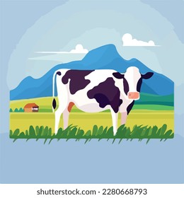 Cow in a field. Domestic or farm yard animals. Flat vector illustration concept