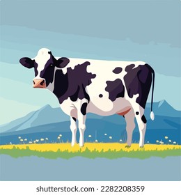 Cow in a field. Domestic or farm yard animals. Flat vector illustration concept