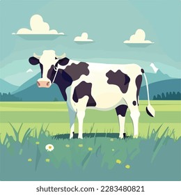 Cow in a field. Domestic or farm yard animals. Flat vector illustration concept