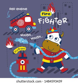 cow the fire fighter funny animal cartoon,vector illustration