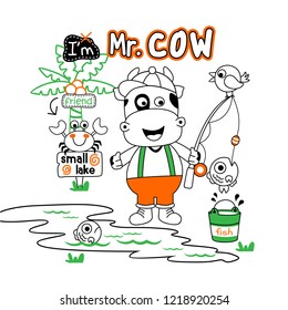cow the fisherman funny animal cartoon,vector illustration