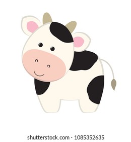 Cow flat cartoon style, cute vector illustration funny animal character, farm domestic mammal, for game, logo, kids book, animation, milk products, card, etc. 