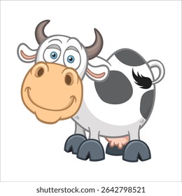 Cow flat cartoon style, cute vector illustration funny animal character, farm domestic mammal. Little cow. Little baby cow. A nice little cow with big dark eyes. Nice character graphics. 34