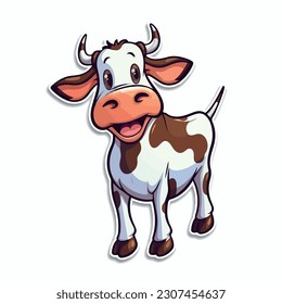 Dibujo plano de vaca. Pequeña ternera al estilo kawaii. Caricatura animal de manera de bebé. Para juegos infantiles, animación, aplicación. Productos lácteos a base de leche. Pegatina, emoji, icono, logotipo, simple vector. IA generativa