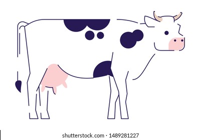 Cow flat vector illustration. Livestock, cattle farming, domestic animal husbandry design element. Beef meat production, dairy farm. Cartoon spotted cow isolated on white background