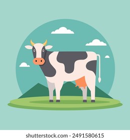 Flache Vektorillustration der Kuh. Eine Kuh steht vor dem Hintergrund eines grünen Feldes. Minimalistischer moderner Stil