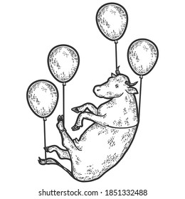 Cow flies on balloons. Engraving vector illustration. Sketch scratch board imitation.