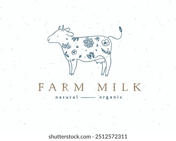 Cow with floral arrangement and inscription natural organic farm milk drawing with blue on beige background