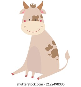 Cow with a flower. Happy cartoon bull.