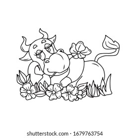 A cow with a flower in her mouth is lying on the grass. Coloring, vector design on an isolated background.Design for banners, postcards, and stickers.